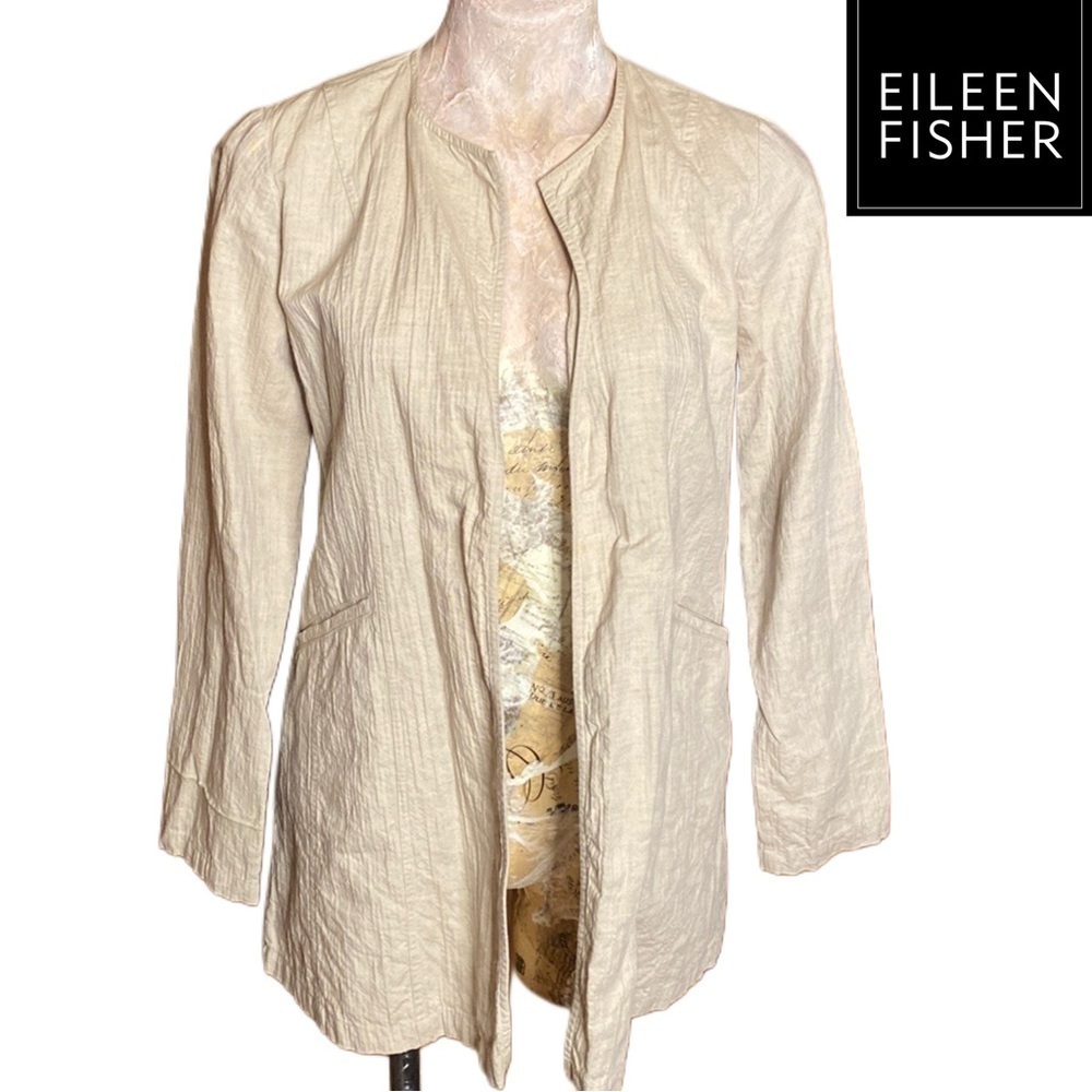 Eileen Fisher Cream Tan crinkled Linen Cotton blend long Jacket cardigan Sz XS
